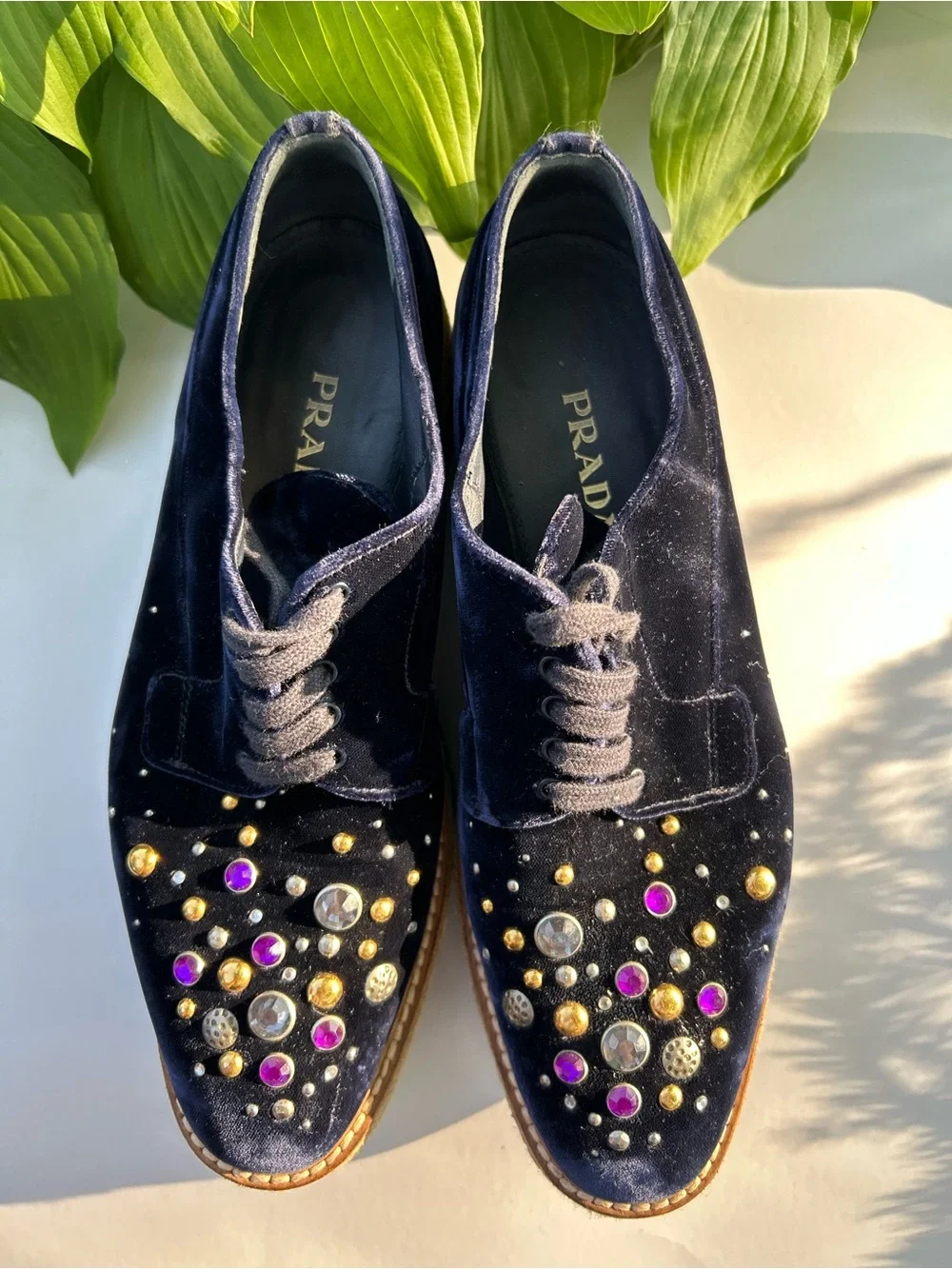 PRADA Velvet Platform Oxford Espadrille Embellished Crystals Shoes Size 40